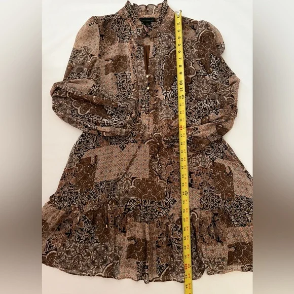 House Of Harlow 1960 Dress Boho Long Sleeve Mini Dress Brown Gold Sparkle size 8 - Picture 14 of 16